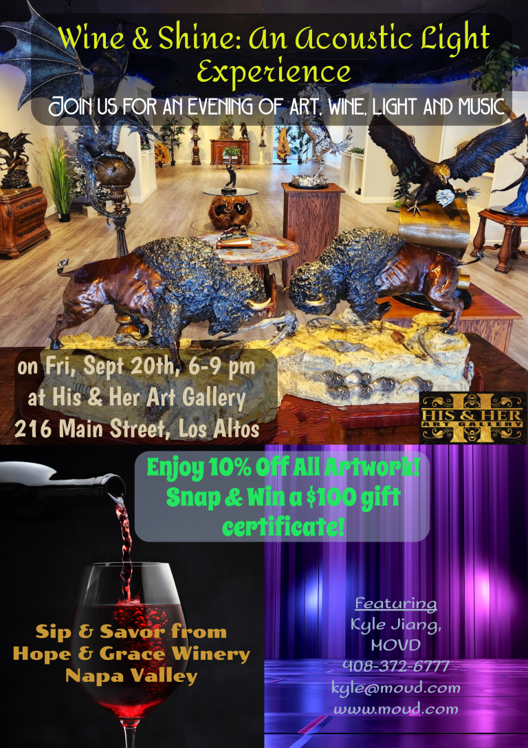 Promotional flyer for an art gallery event with wine and live music