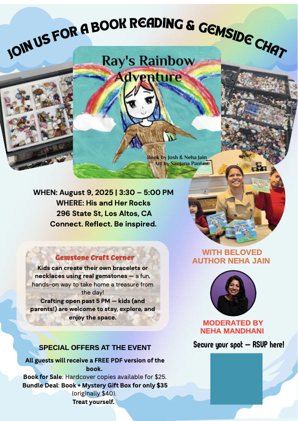 Colorful flyer for a book reading and gemstone craft event