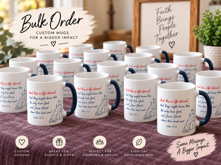 A large custom mug order arranged together for a church or group