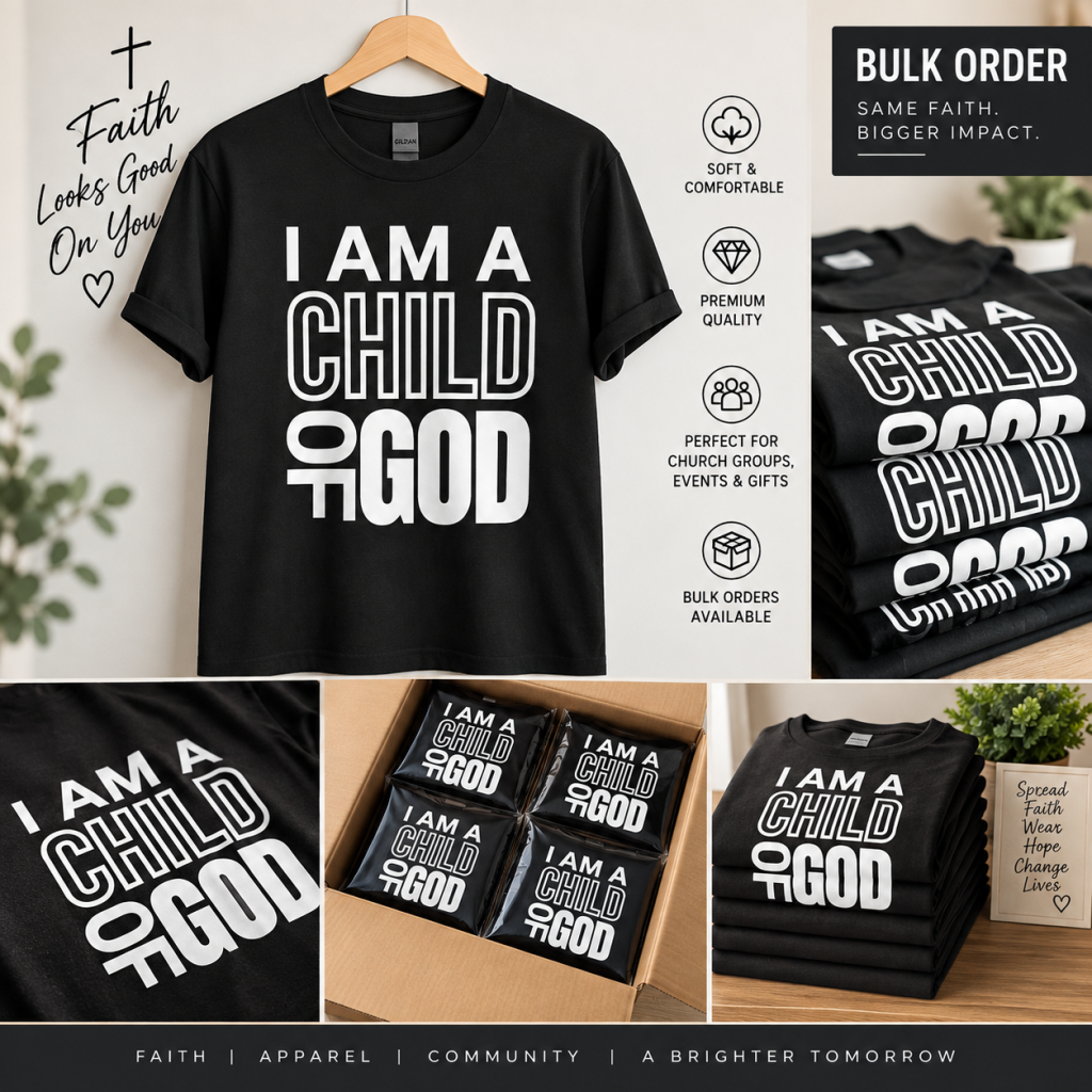 Black custom T-shirts displayed individually and packed as a bulk order