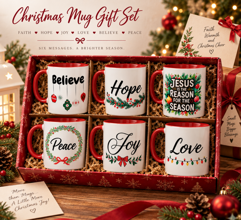 Six custom Christmas mugs arranged in a gift box