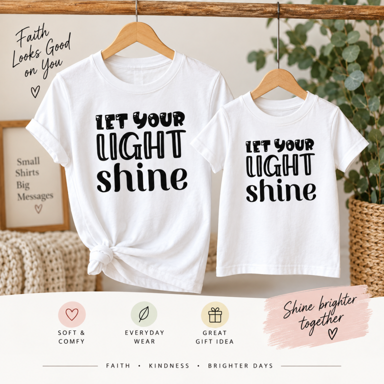 Matching adult and child custom T-shirts with a faith-inspired design