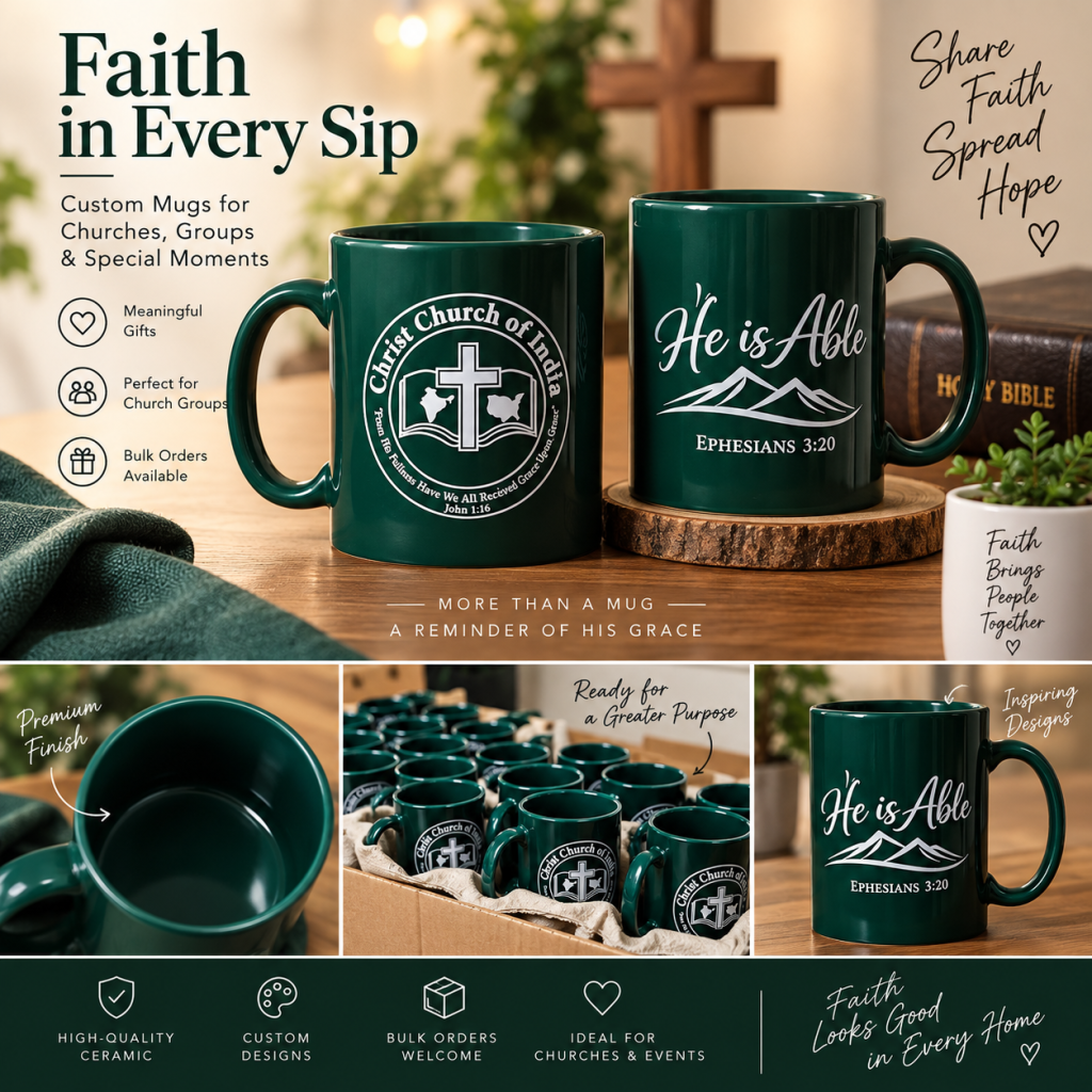 Green custom mugs shown individually and prepared as a bulk order