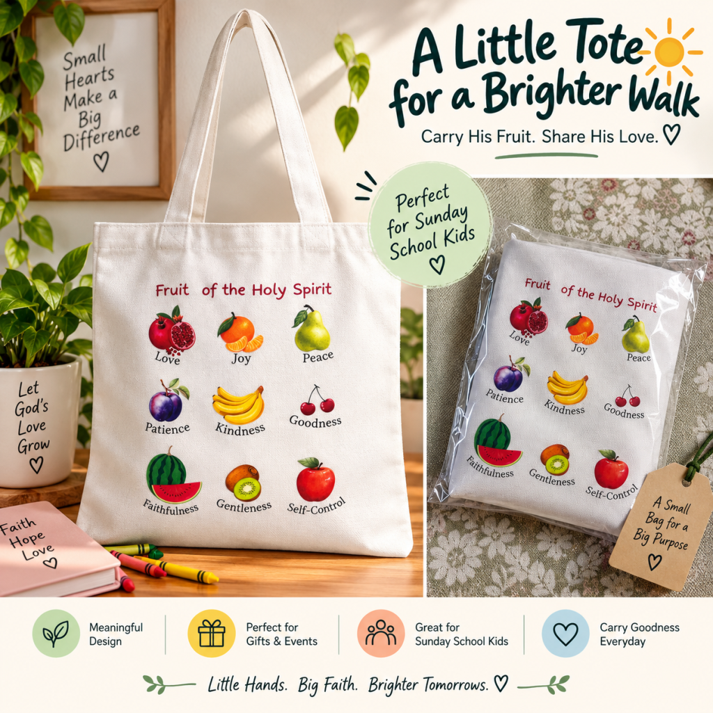 Custom children's tote bag with a colorful faith-inspired fruit design