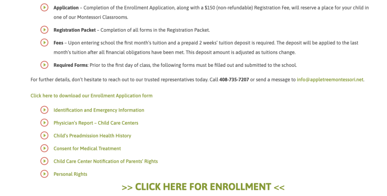 Website information page showing an enrollment layout