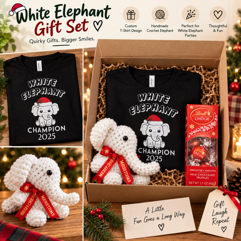 Custom T-shirt and handmade elephant presented as a holiday gift set