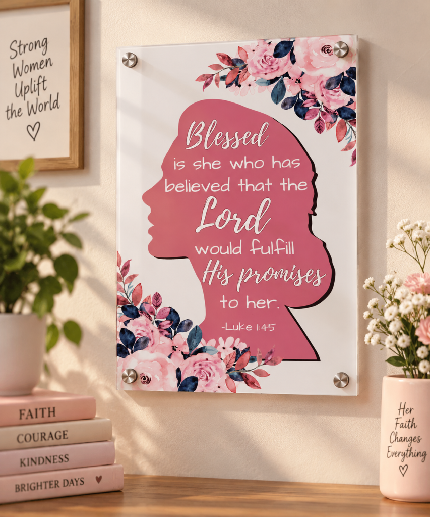 Pink floral wall art celebrating women and faith